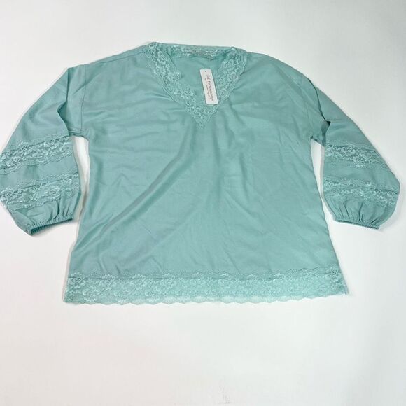 Soft Surroundings Claudia Top Women's Large Teal Lace V-Neck Elastic Sleeve New - Picture 1 of 10